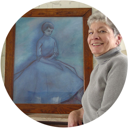 Painting of woman in blue with Evelyn Burchett standing nearby